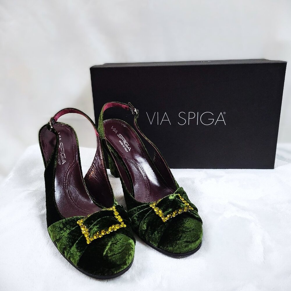 Via Spiga Dark Green Velvet Python Slingback Pump… - image 1